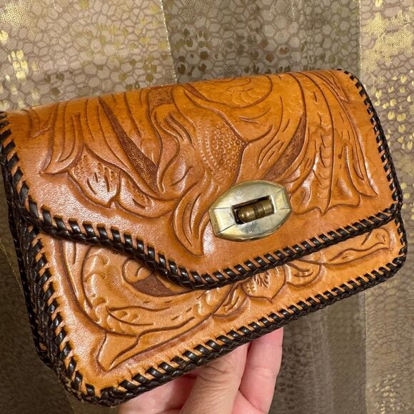 Vintage Brown Boho Hand Tooled Leather Mini Satchel Purse Without A Strap - Picture 4 of 7